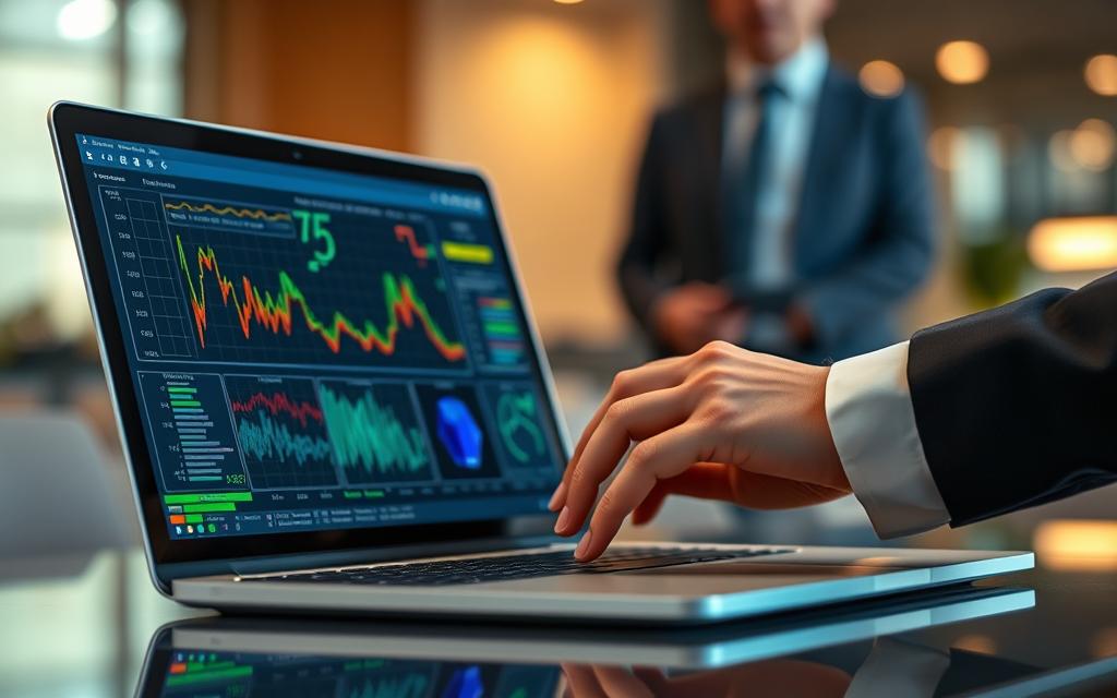A close-up view of a digital screen displaying a detailed analysis of an artificial intelligence-generated image, specifically focusing on the SynthID detection process. In the foreground, include a sleek, modern laptop with a vivid screen showing colorful graphical data and patterns that represent the analysis results. In the middle ground, a pair of professional hands tapping on the laptop, wearing business attire. The background features a softly blurred office setting with warm lighting, accentuating a focused atmosphere. The overall mood conveys a sense of critical evaluation and technology in action, highlighting the importance of verifying digital authenticity.
