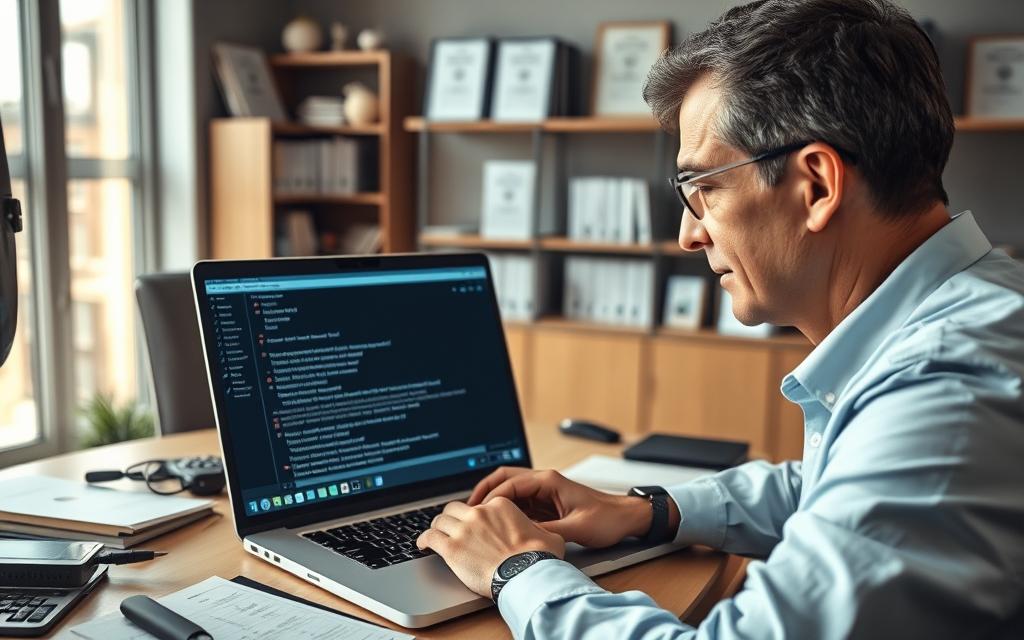 A digital forensics expert in a modern office setting, intently analyzing the integrity of digital evidence on a laptop screen. The foreground features the expert, a focused middle-aged person in professional attire, comfortably seated at a sleek desk cluttered with digital tools and documents. In the middle ground, the laptop displays a complex chat conversation, highlighting subtle discrepancies in the timestamps and formatting. The background reveals a well-organized office with shelves filled with forensic manuals and certificates, softly illuminated by natural light streaming through a large window. The scene conveys a serious, investigative atmosphere, emphasizing the meticulous nature of digital evidence verification. The angle is slightly above eye level, showcasing both the expert’s intense concentration and the intricate details on the screen.